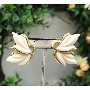Vintage Gold Toned Clip On Earrings White Leaves